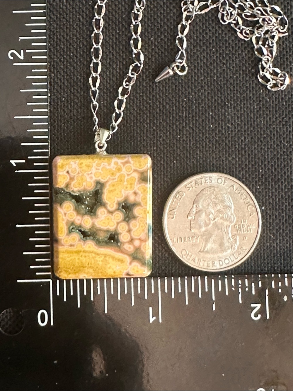 Yellow and Black Druzy Ocean Jasper Pendant Necklace on Stainless Steel Chain - Picture 15 of 16